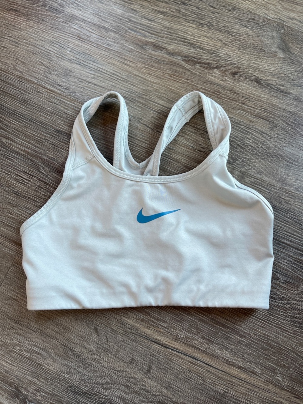Nike Cream Racerback Sports Bra with Blue Swoosh